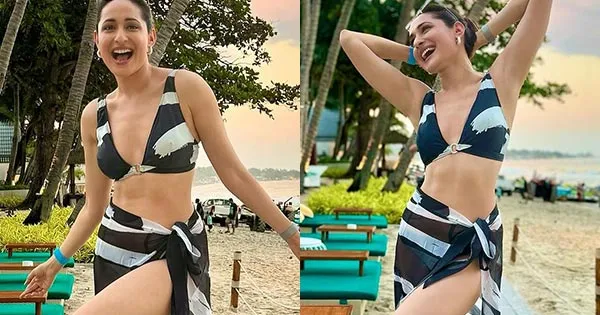 Pragya Jaiswal in two piece bikini with matching sarong flaunts her sexy body and toned legs.