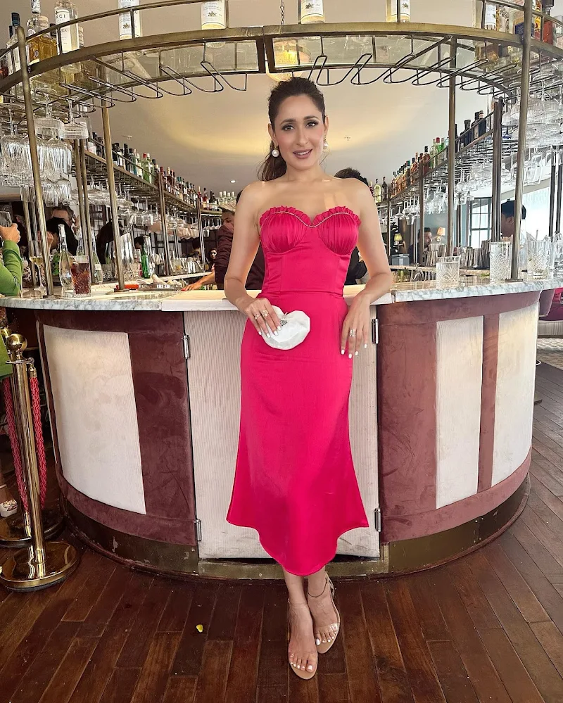 pragya jaiswal off shoulder red dress