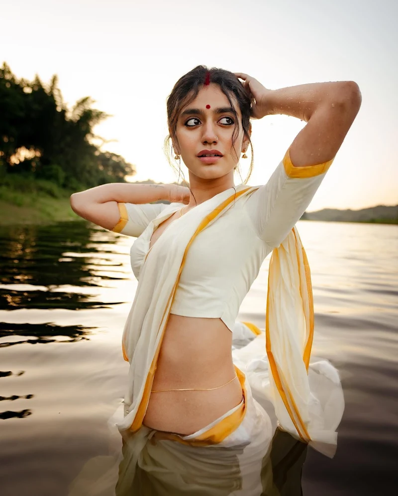 priya prakash varrier white saree midriff waist chain