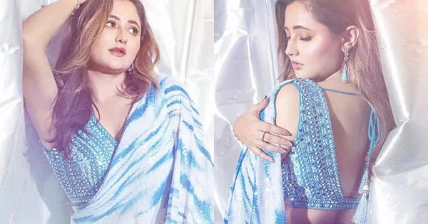 Rashami Desai looks breathtaking in this blue and white saree with backless blouse – see photos.