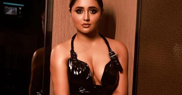 Rashami Desai black latex dress cleavage curvy actress