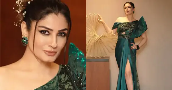 raveena tandon high slit green dress sexy legs