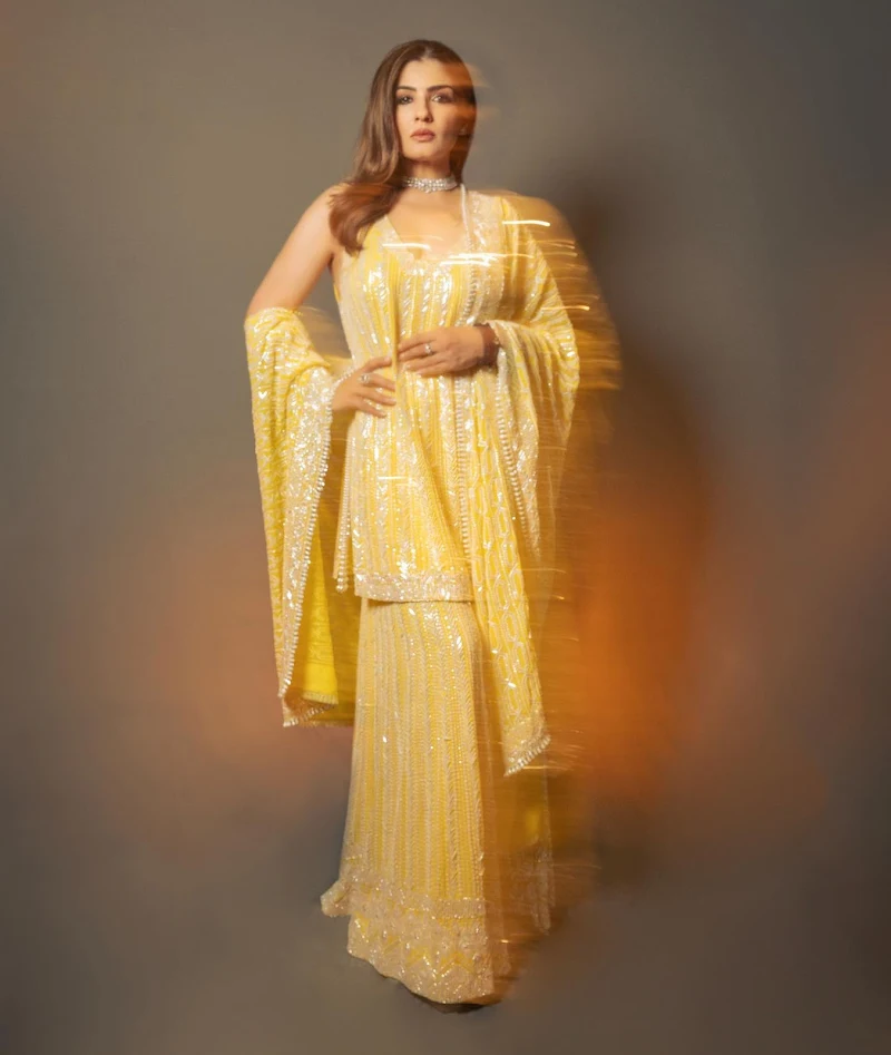 raveena tandon yellow sharara suit