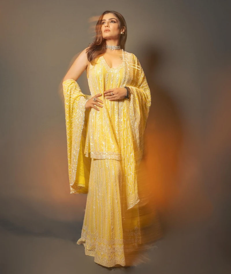 raveena tandon yellow sharara suit