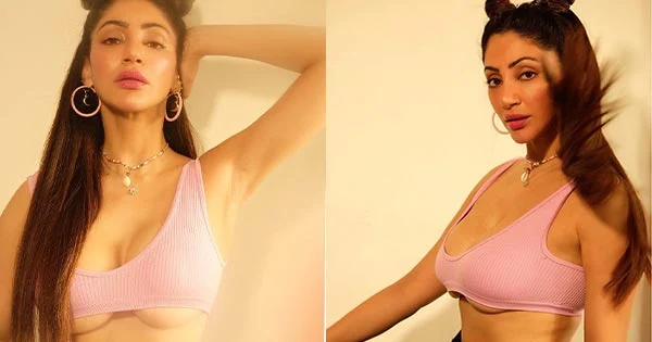 Reyhnaa Pandit shows major underboob in a skimpy pink bra – see now.