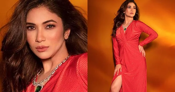 Ridhima Pandit showing her sexy legs in high slit red dress sets temperature soaring – see now.