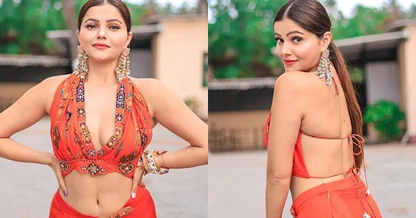 Rubina Dilaik navel cleavage orange stylish outfit