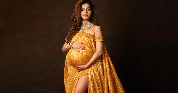 rubina dilaik golden outfit legs pregnancy photoshoot