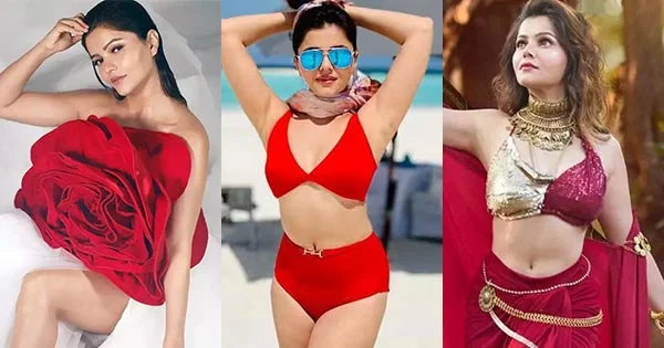 rubina dilaik red bikini saree hot tv actress