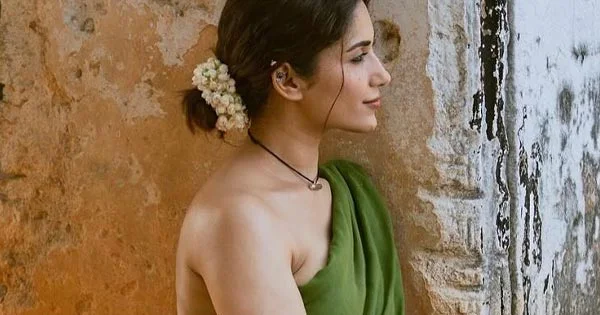 Ruhani Sharma goes blouse-less with green saree in latest photoshoot – see now.