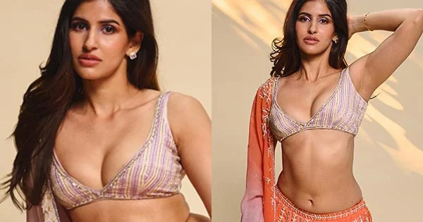 Sakshi Malik put on a busty display in tiny top with orange lehanga for her festive look.