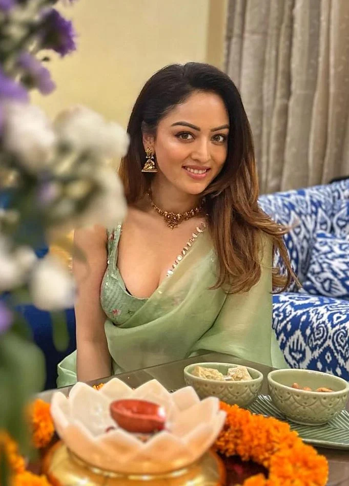 sandeepa dhar green saree cleavage