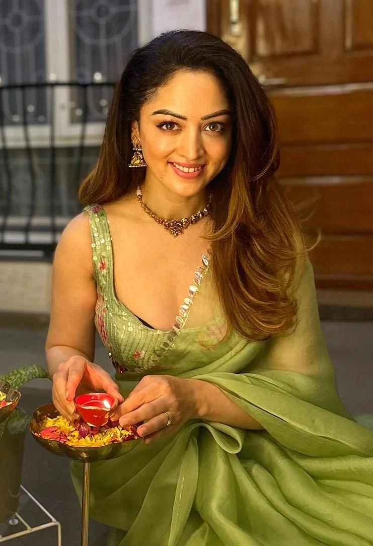 sandeepa dhar green saree cleavage