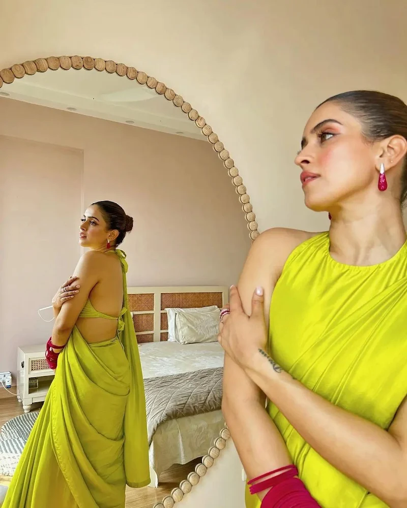 Sanya Malhotra green saree sleeveless backless blouse