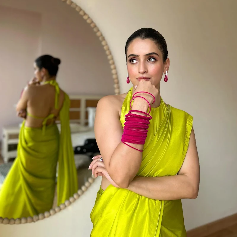 Sanya Malhotra green saree sleeveless backless blouse