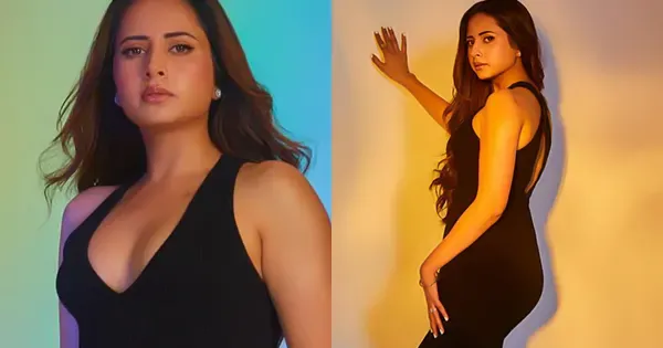 sargun mehta black bodycon dress sexy body cleavage