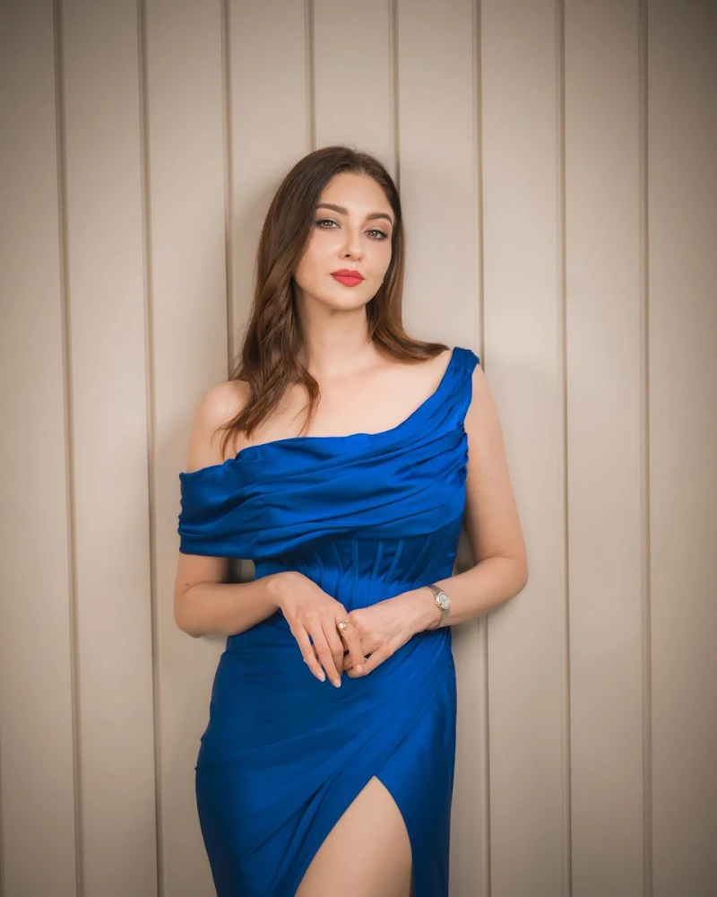 saumya tandon blue high slit dress sexy legs