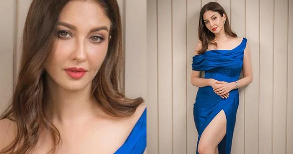 saumya tandon blue high slit dress sexy legs