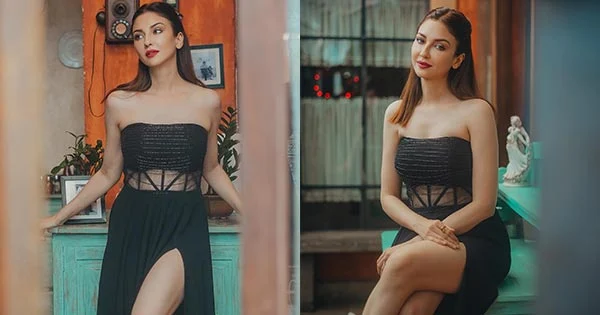 Saumya Tandon in thigh high slit black dress sets temperature soaring – showed off her sexy toned legs.