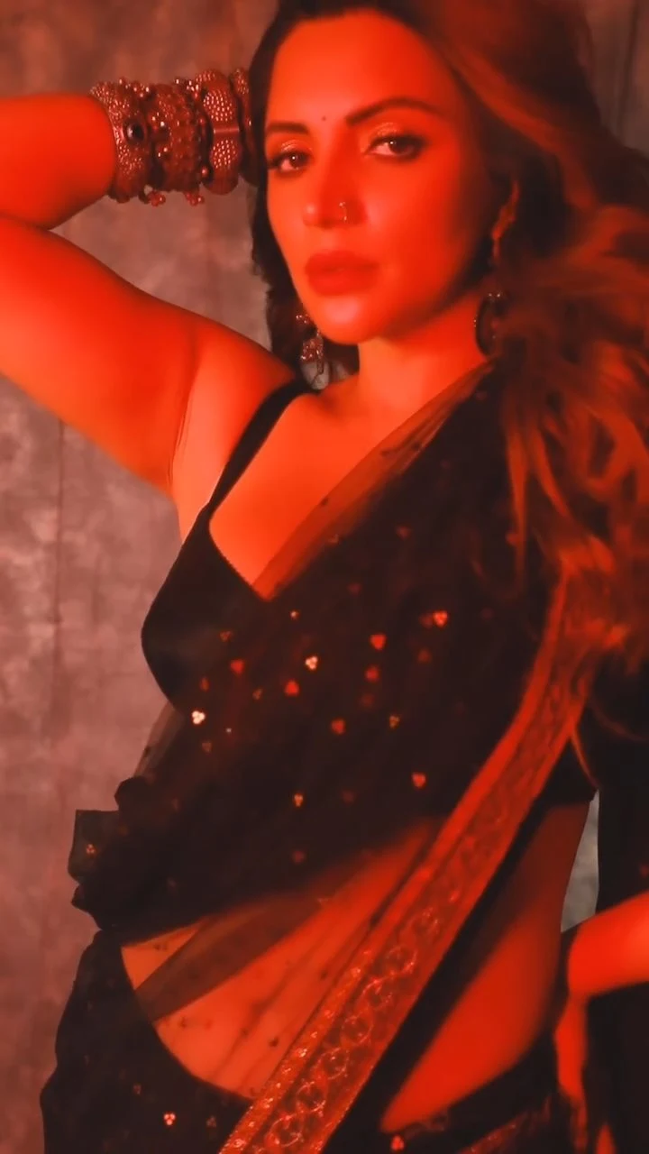 Shama Sikander cleavage black saree hot actress