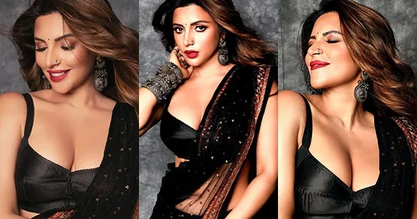 shama sikander cleavage black saree hot actress