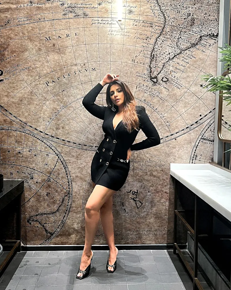 Shama Sikander sexy legs cleavage black outfit