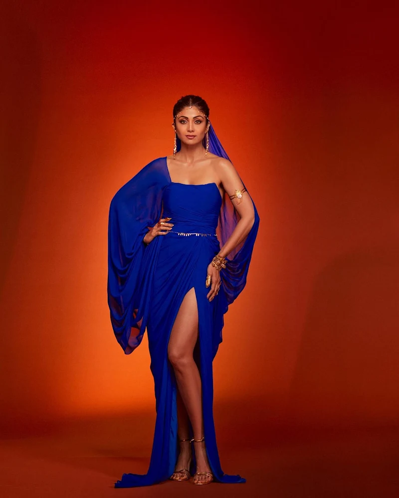 Shilpa Shetty high slit blue dress sexy legs slim figure