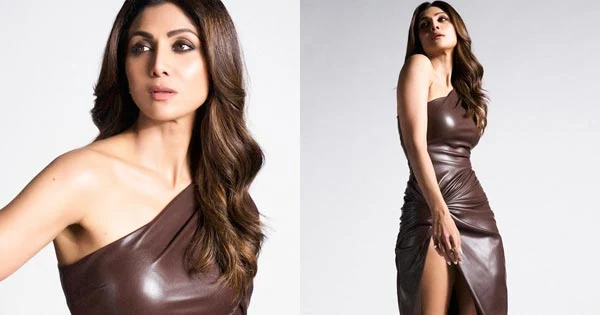 shilpa shetty high slit leather dress