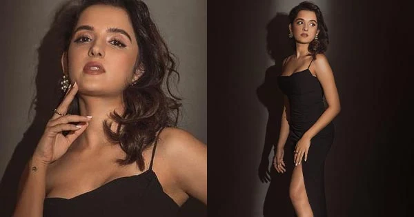 Shirley Setia is too hot to handle in this thigh high slit black dress.