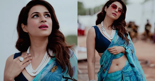 Shraddha Das in navel baring blue saree with sleeveless blouse shows her style – see now.