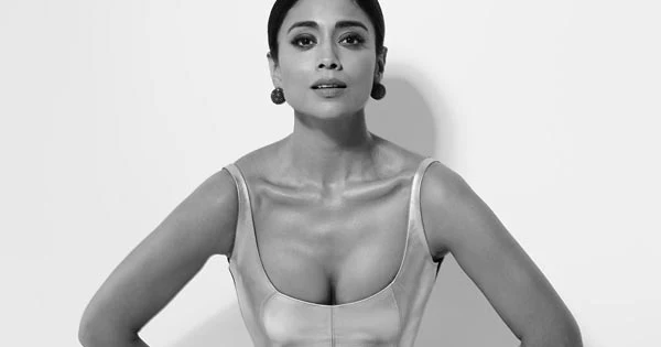 Showtime actress, Shriya Saran, in golden bodycon outfit with plunging neckline turns the heat up – see now.