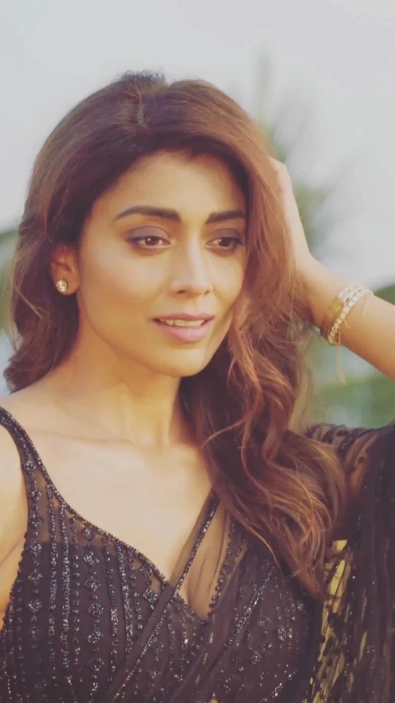 shriya saran sheer black saree navel