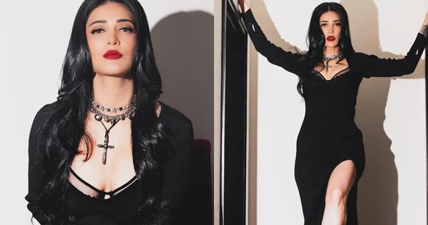 shruti haasan black high slit outfit legs