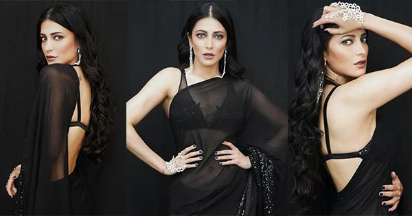 Shruti Haasan black sheer backless saree