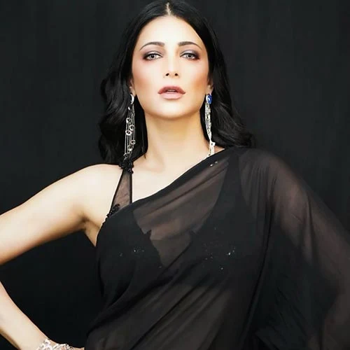 Shruti Haasan black sheer backless saree