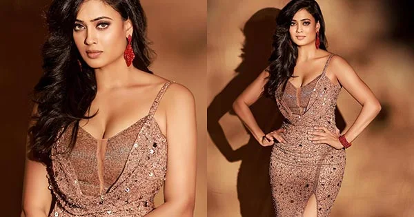 Shweta Tiwari flaunting ample cleavage and fine curves in this high slit dress is too hot to handle – see new hot photos.