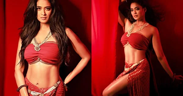 shweta tiwari red outfit sexy legs abs navel