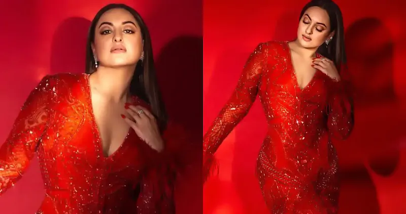 Heeramandi actress, Sonakshi Sinha, flaunts her curvy figure in bodycon red dress.