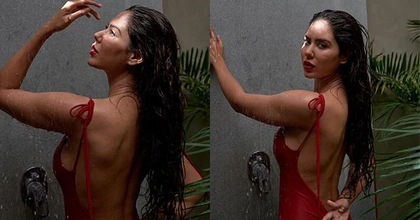 sonam bajwa wet red dress sexy back