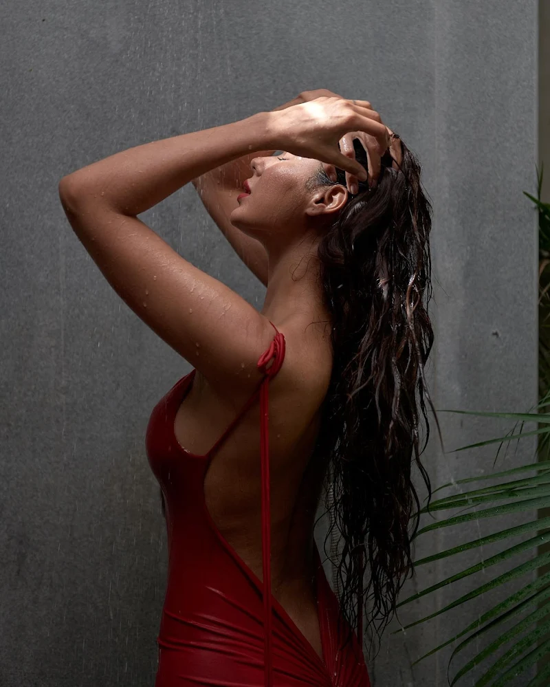 sonam bajwa wet red dress sexy back