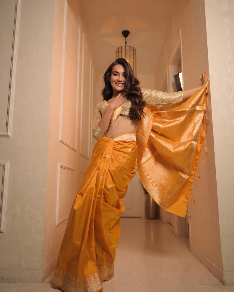 surbhi jyoti golden saree hot tv actress