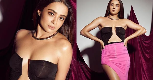 Surveen Chawla oozed oomph in this black top and pink high slit skirt  – see now.