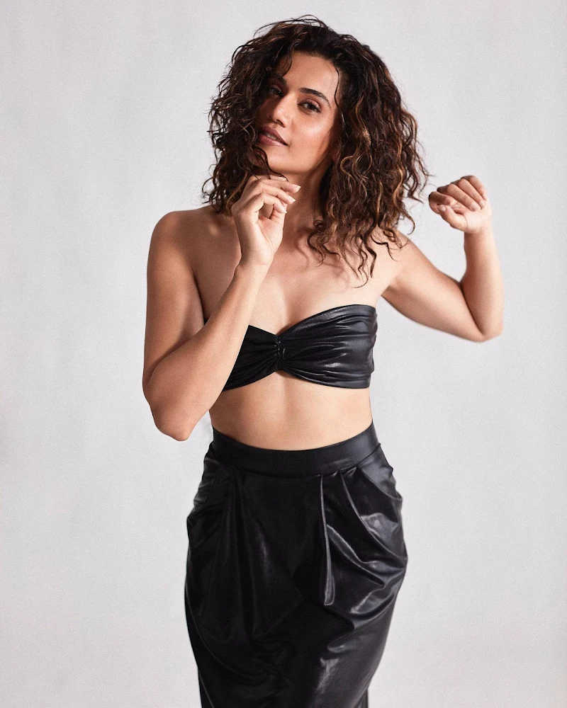 taapsee black latex outfit sexy body