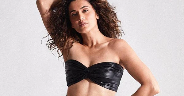 taapsee black latex outfit sexy body