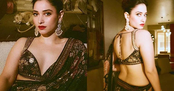 tamannaah black saree backless blouse