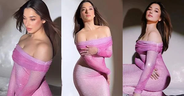 tamannaah curvy figure bodycon pink dress