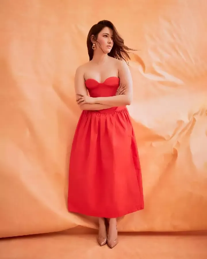 tamannaah orange off shoulder dress stylish look