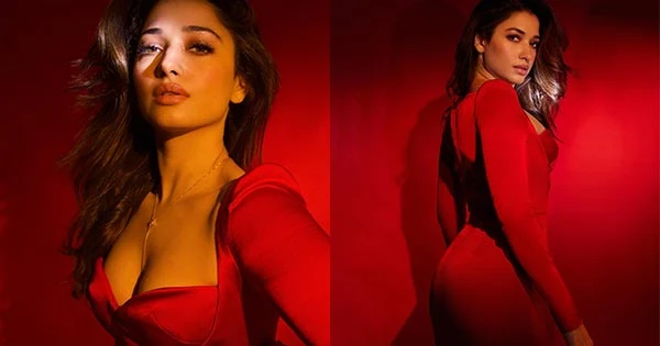 tamannaah red dress cleavage curvy actress