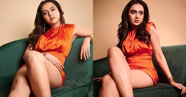 tejasswi prakash sexy legs orange short dress