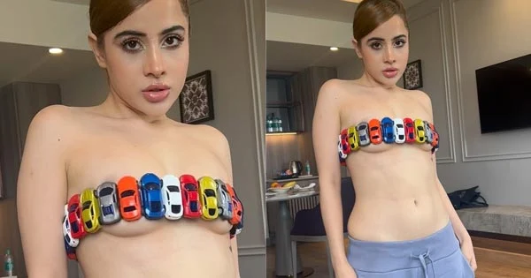 Urfi Javed covers herself with a tube top made out of toy cars – watch video.